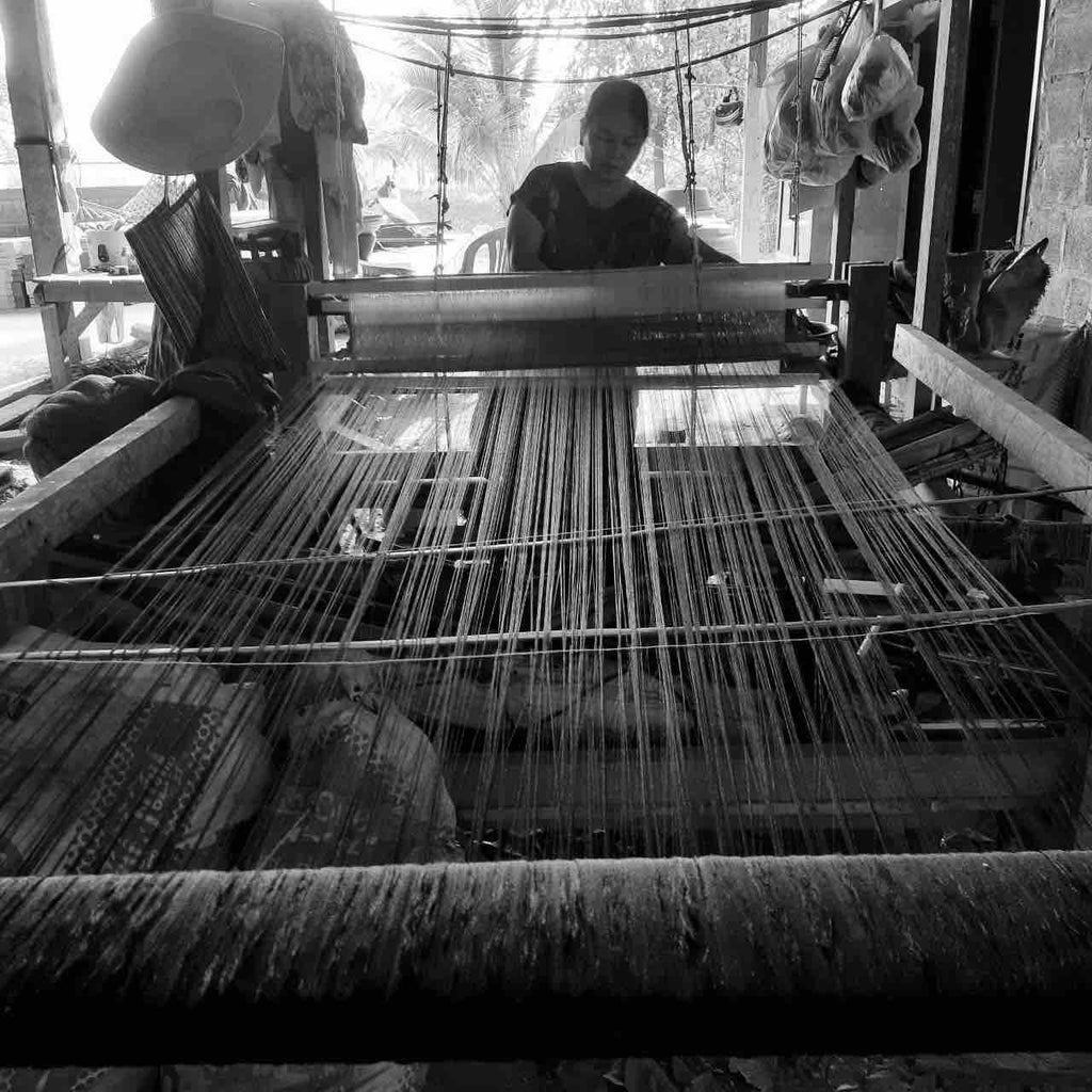 Sucette handmade shoes behind the scene process showing the silk textile being woven by our local artisan in Thailand