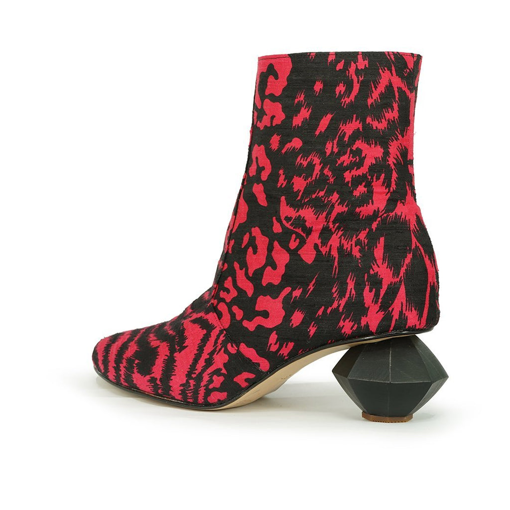 red leopard print ankle boot with sculptural heel