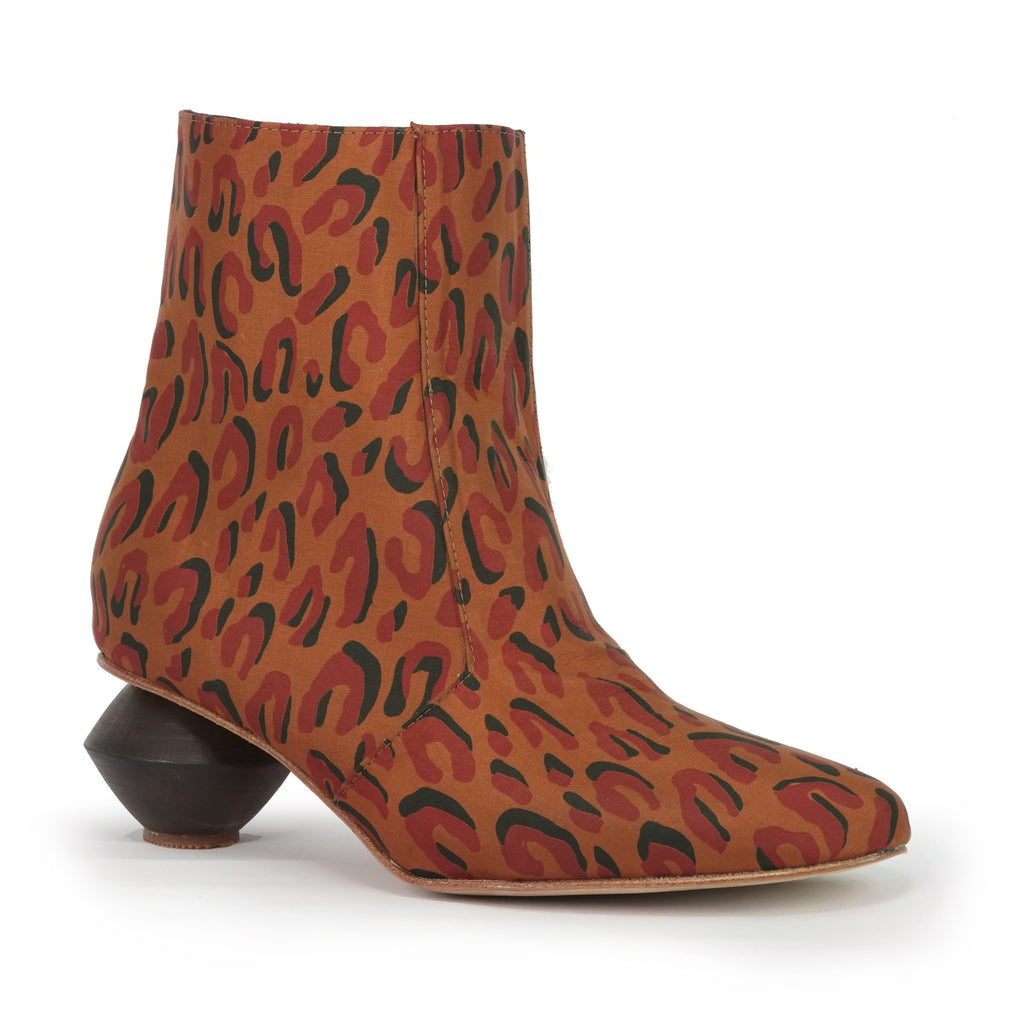 Leopard print silk ankle boot with carved low heel