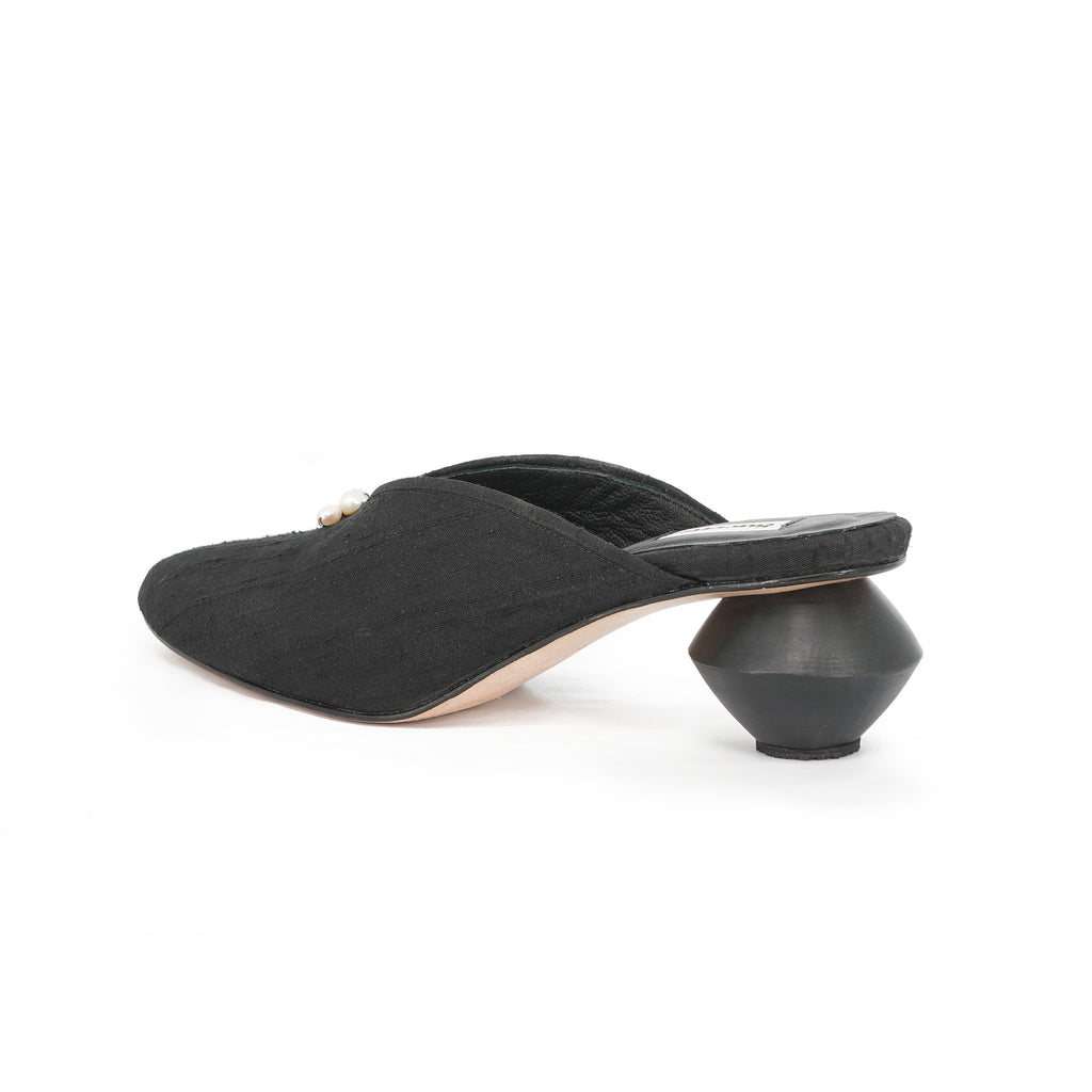 black silk low heel women's shoes with statement heel and pearls