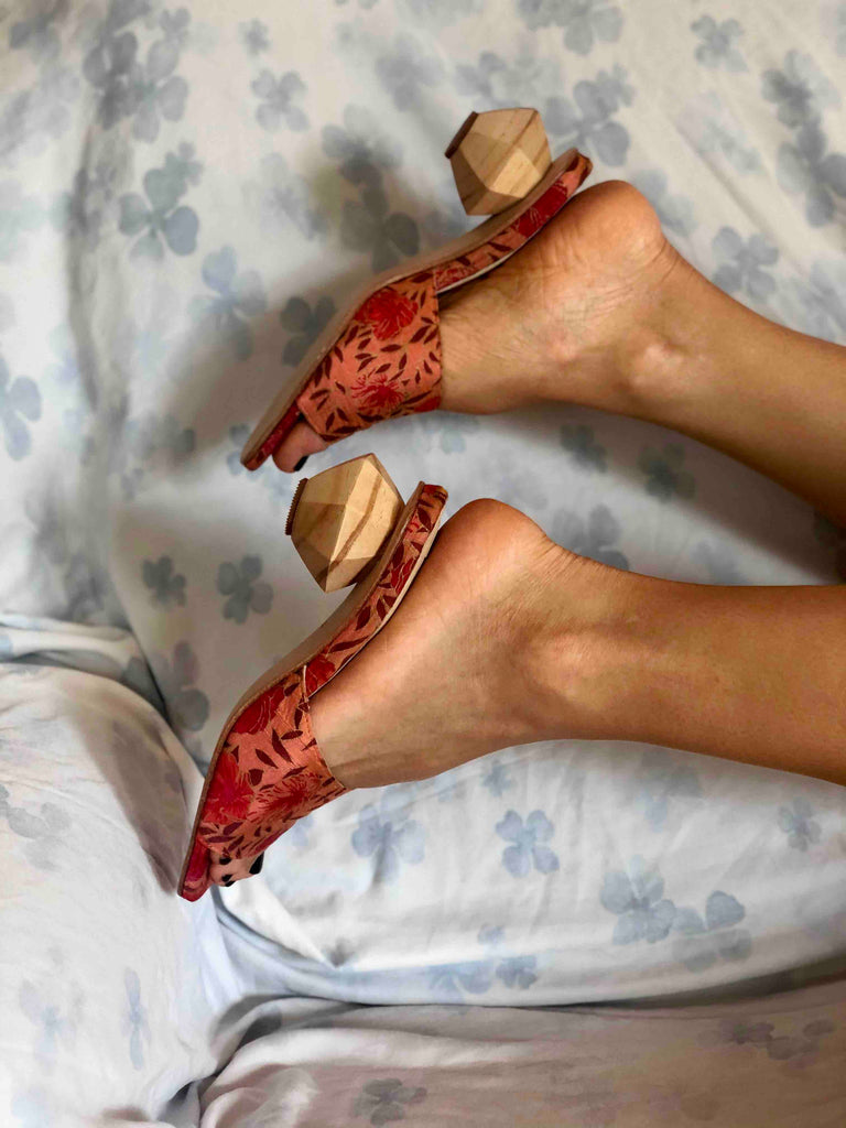 designer floral silk mules with artistic sculptural heels