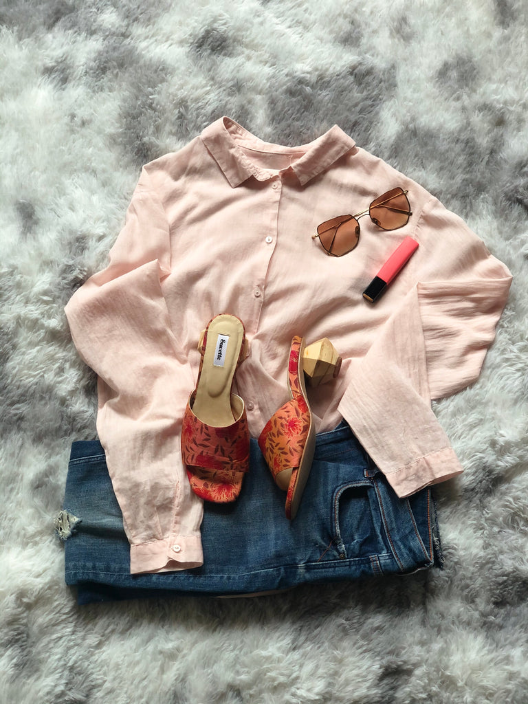 Sucette floral silk mules with jeans and pink shirt