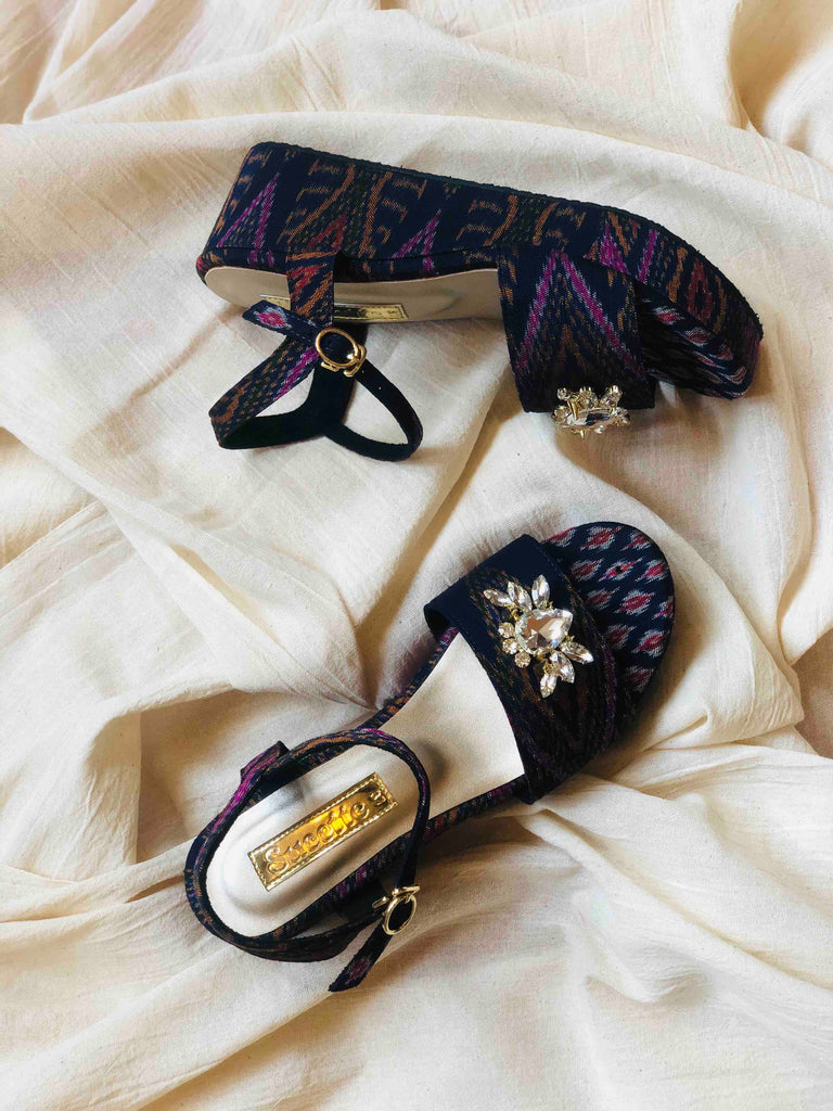 Purple silk platform sandals with crystal embellishments