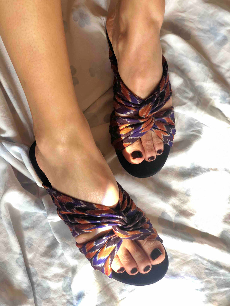 Blue and orange ikat silk slide sandals 