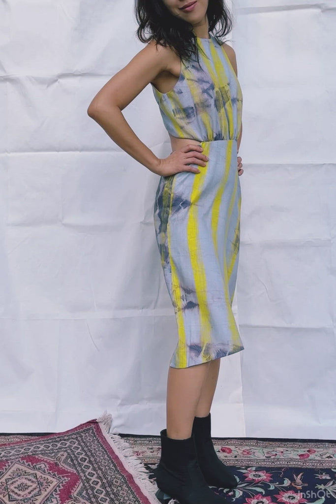 Unique designer dress in luxury silk fabric by Sucette artisanal fashion