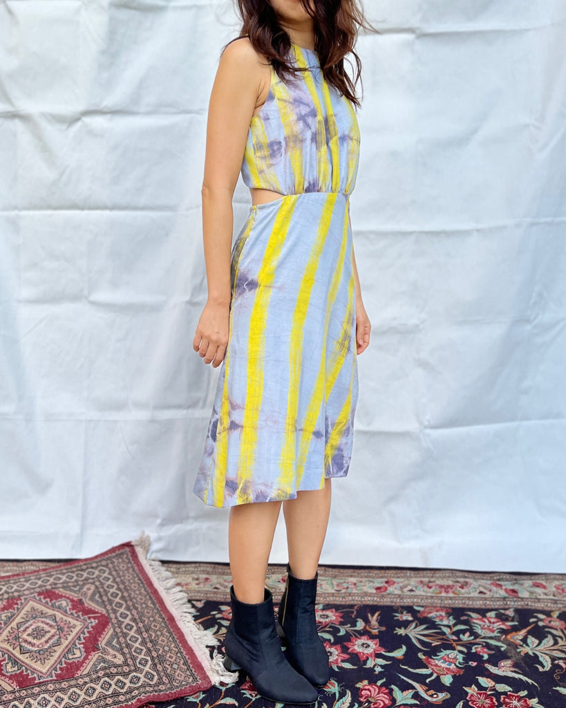 asymmetric designer Thai silk dress with yellow stripes