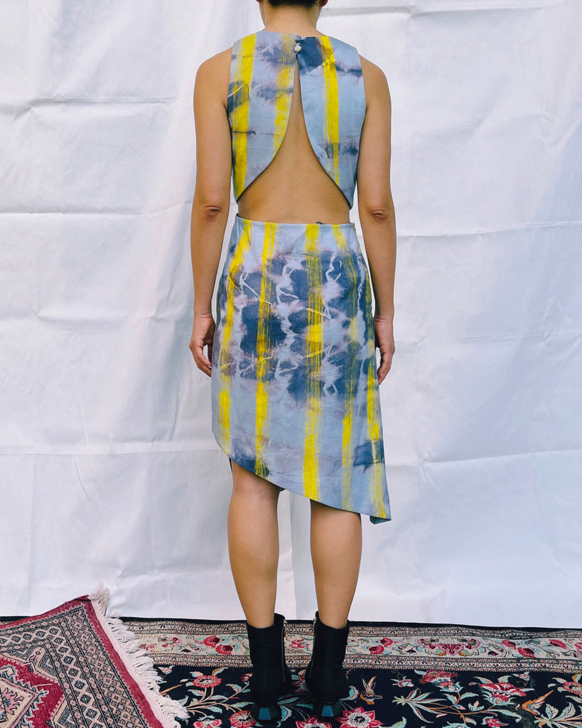 tie-dye designer silk dress with cutout back by Sucette