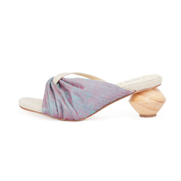 aquamarine silk sandals with statement heel by Sucette