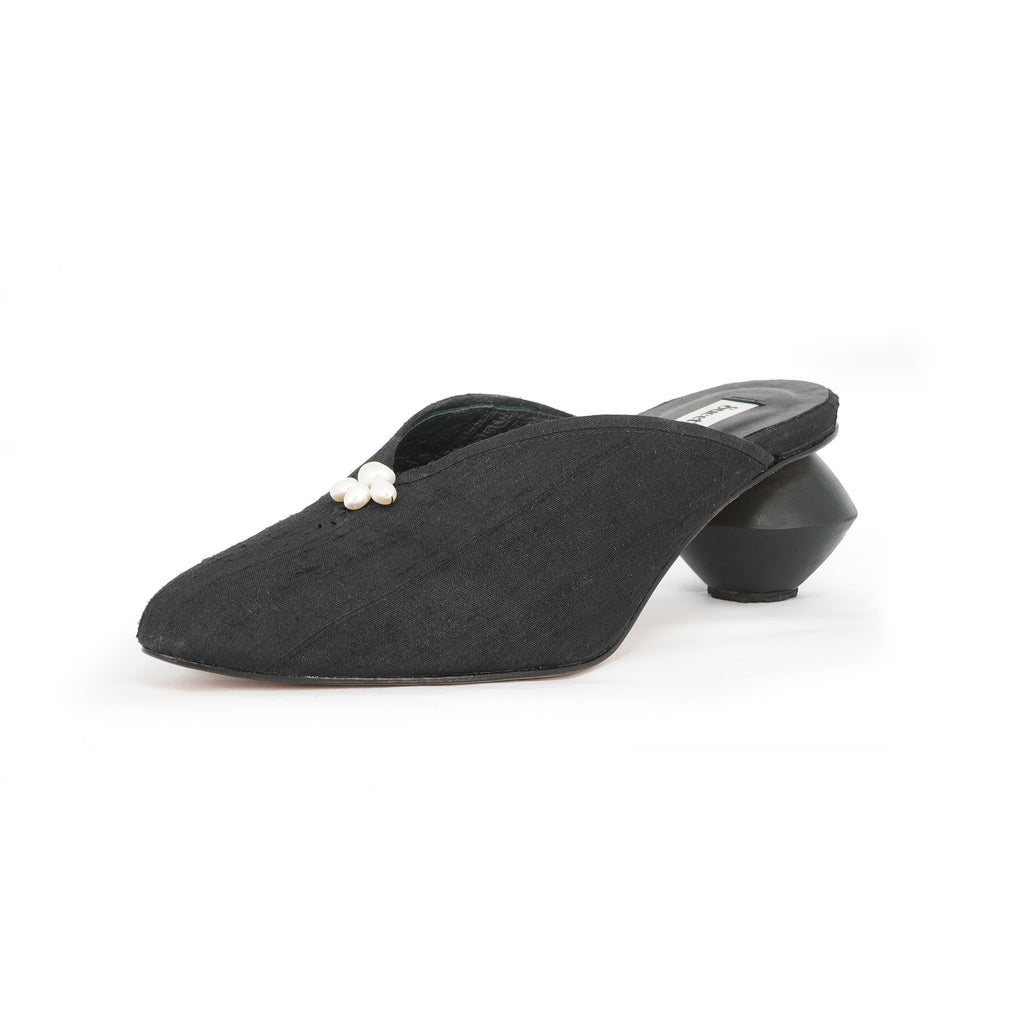black silk slip on mule shoes with sculptural heel and embroidered pearls
