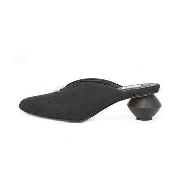 black silk low heel mules with carved heel and pearls